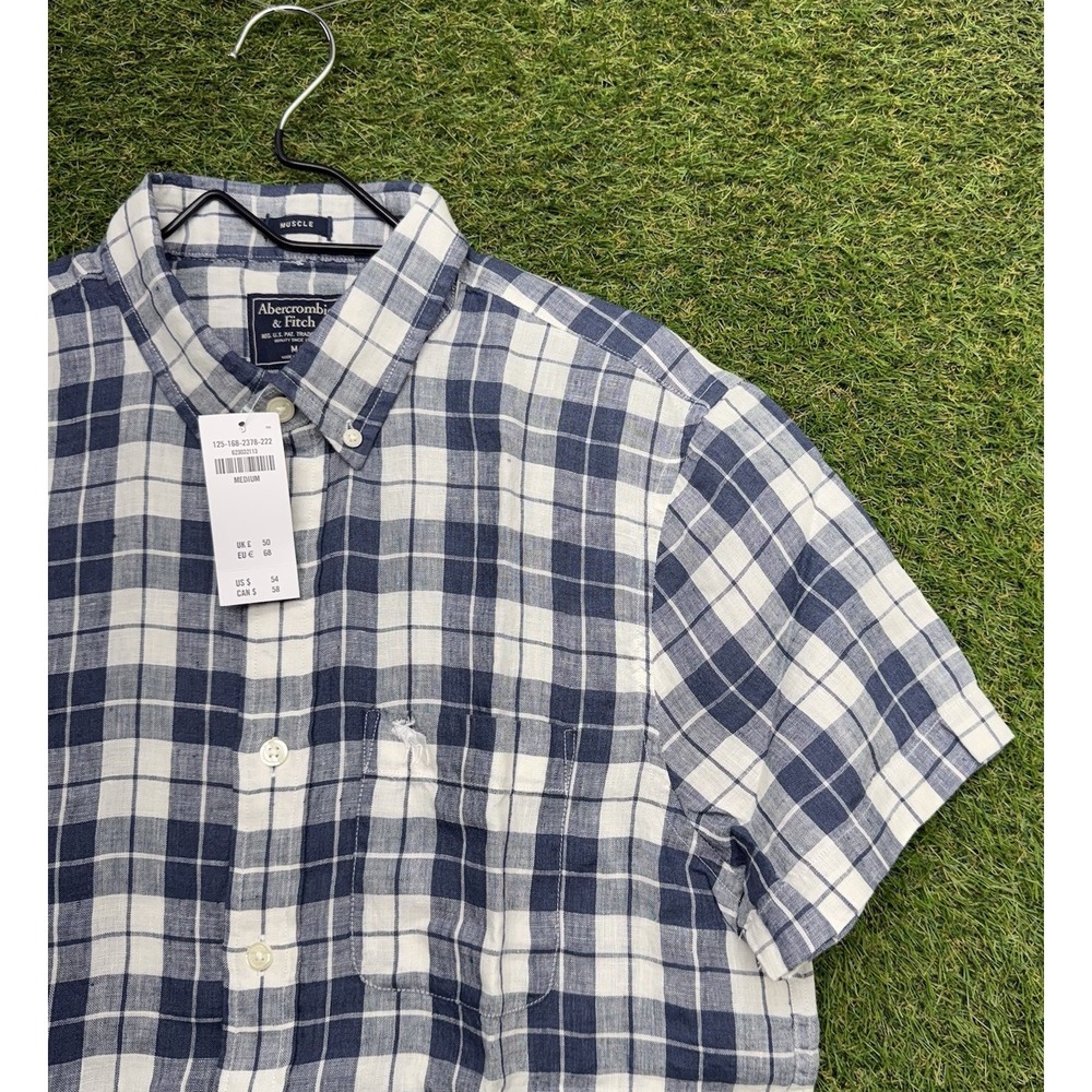 Abercrombie & Fitch Button Up Shirt Mens Medium Blue Plaid Short Sleeve Muscle